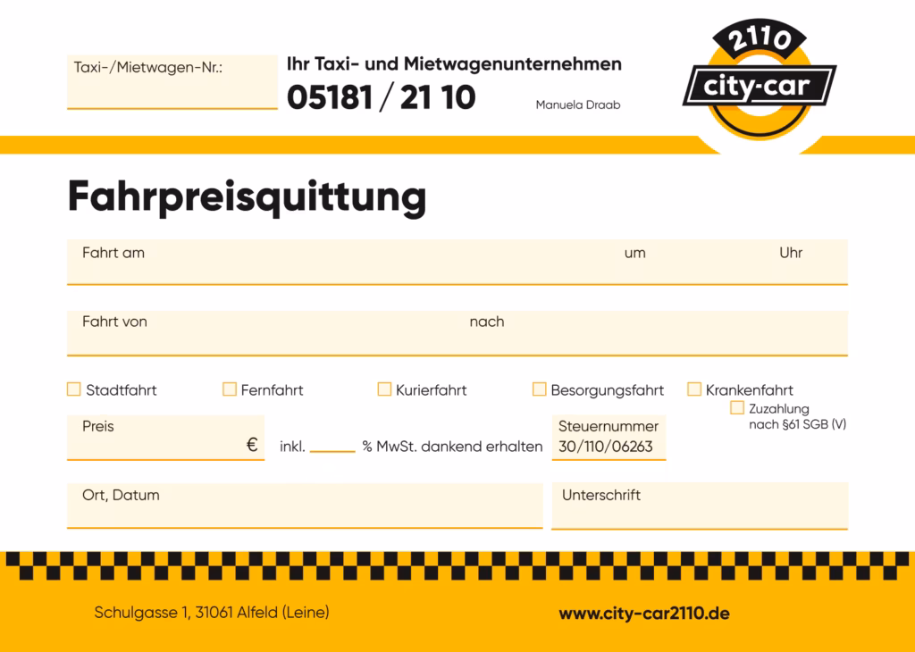 City Car Fahrpreisquittung DIN A6 Quittungsblock Dez 2021 07 PFADE Alfeld